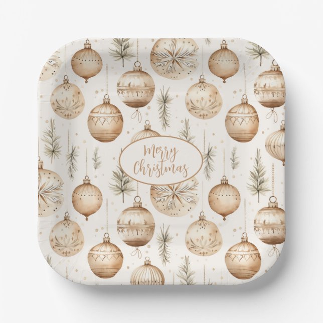 Merry Christmas with Rustic Ornaments and Pine Paper Plate (Front)