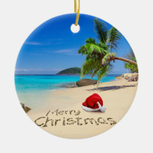 Merry Christmas With Santa Hat In The Tropics Ceramic Ornament
