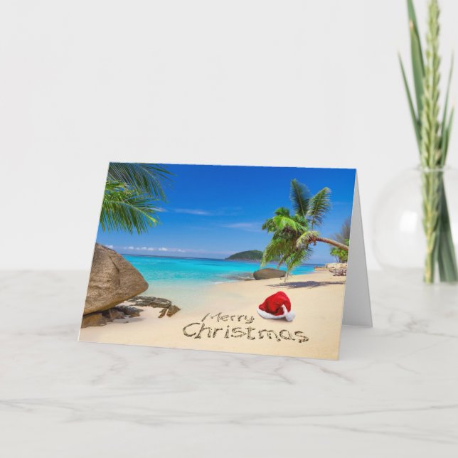 Merry Christmas With Santa Hat In The Tropics Holiday Card (Front)