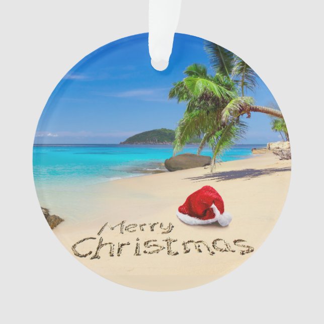 Merry Christmas With Santa Hat In The Tropics Ornament (Front)