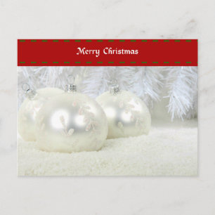 Merry Christmas with Silver Ornaments and Snow Postcard