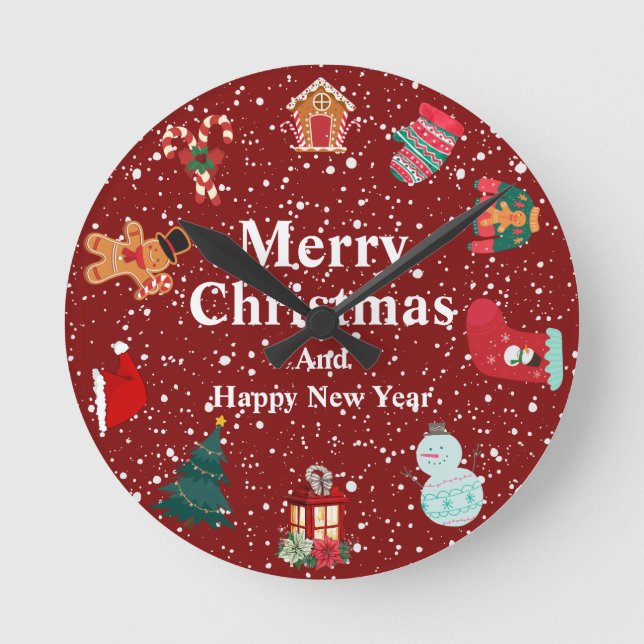 Merry christmas with snow- red holiday round clock (Front)
