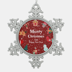 Merry christmas with snow- red holiday   snowflake pewter christmas ornament