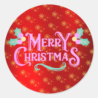 Merry Christmas with Snowflakes on Red Background Classic Round Sticker