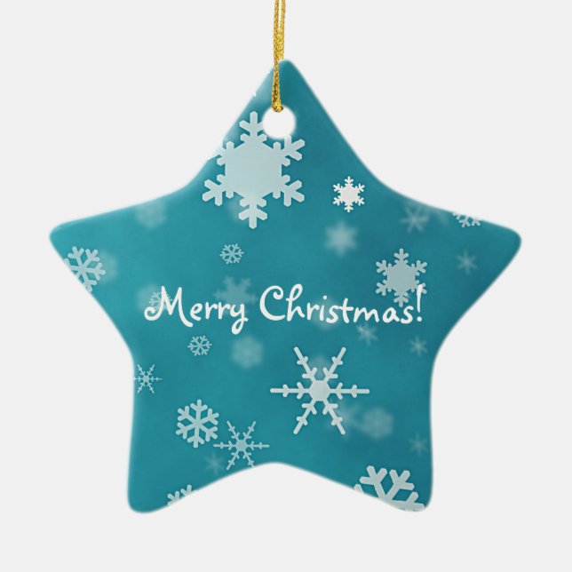 Merry Christmas with snowflakes turquoise Ceramic Tree Decoration (Front)