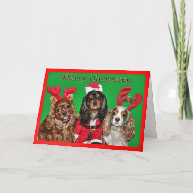 Merry Christmas With Three King Charles Spaniels Holiday Card (Front)