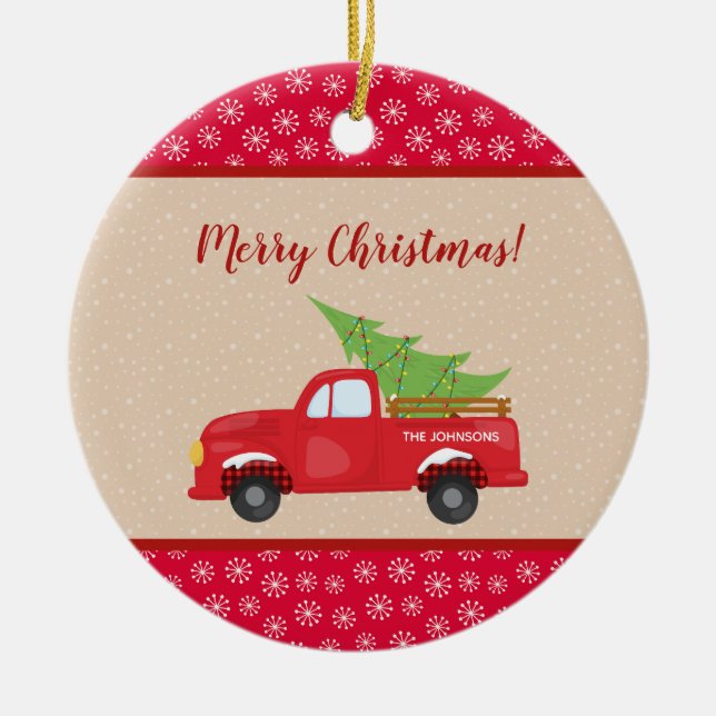 Merry Christmas with Truck and Tree, Family Name Ceramic Ornament (Front)