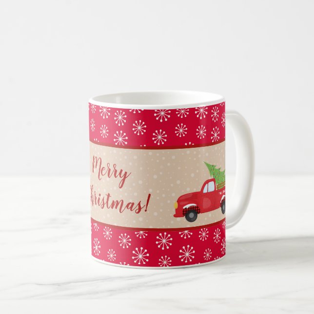 Merry Christmas with Truck and Tree, Family Name Coffee Mug (Front Right)