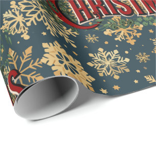 Merry Christmas with Vintage Gold Snowflakes Wrapping Paper