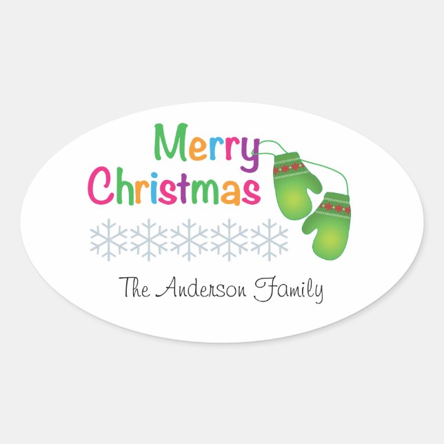 Merry Christmas with Winter Mittens Oval Sticker (Front)