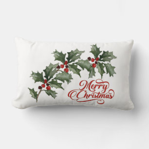 Merry Christmas withGreen Branch with Berries  Lumbar Cushion