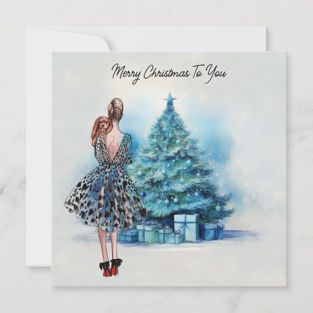 Merry Christmas woman and blue Christmas tree Card (Front)