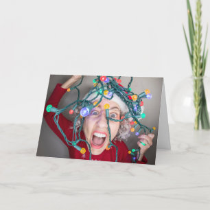 Merry Christmas Woman With Tangled Lights Holiday Card