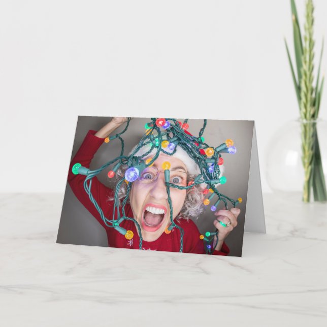 Merry Christmas Woman With Tangled Lights Holiday Card (Front)