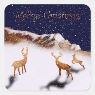 Merry Christmas - wood deers and mountains in snow Square Sticker