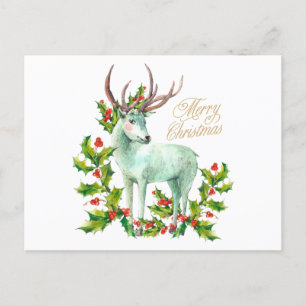 Merry Christmas Woodland Deer and Holly Berry Holiday Postcard