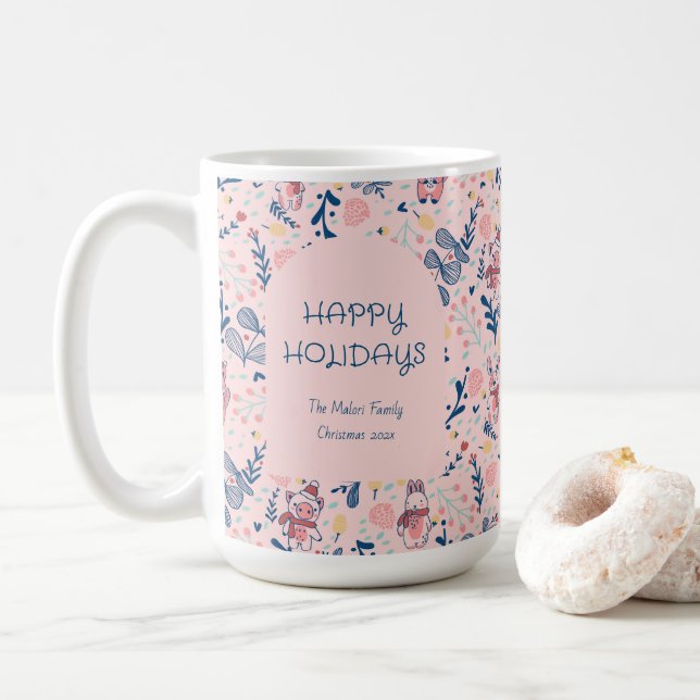 Merry Christmas Woodland Friends in Winter Forest  Coffee Mug (With Donut)