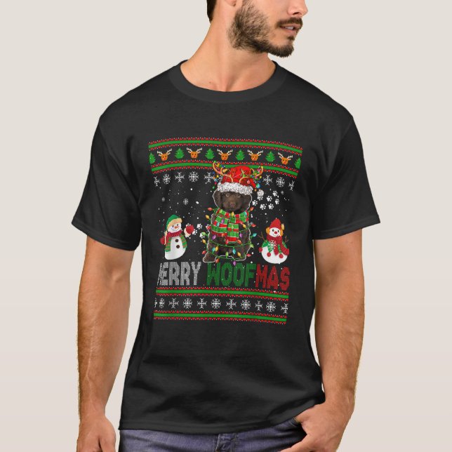 Merry Christmas Woof Santa Reindeer Sproodle Snowm T-Shirt (Front)