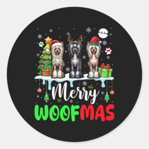 Merry Christmas Woof Three Santa Elf Chinese Crest Classic Round Sticker