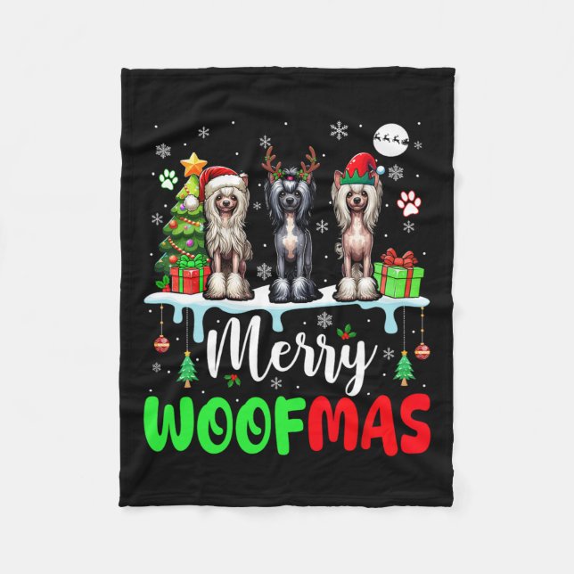 Merry Christmas Woof Three Santa Elf Chinese Crest Fleece Blanket (Front)