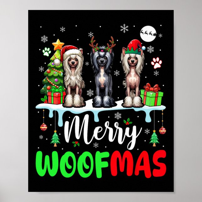 Merry Christmas Woof Three Santa Elf Chinese Crest Poster (Front)