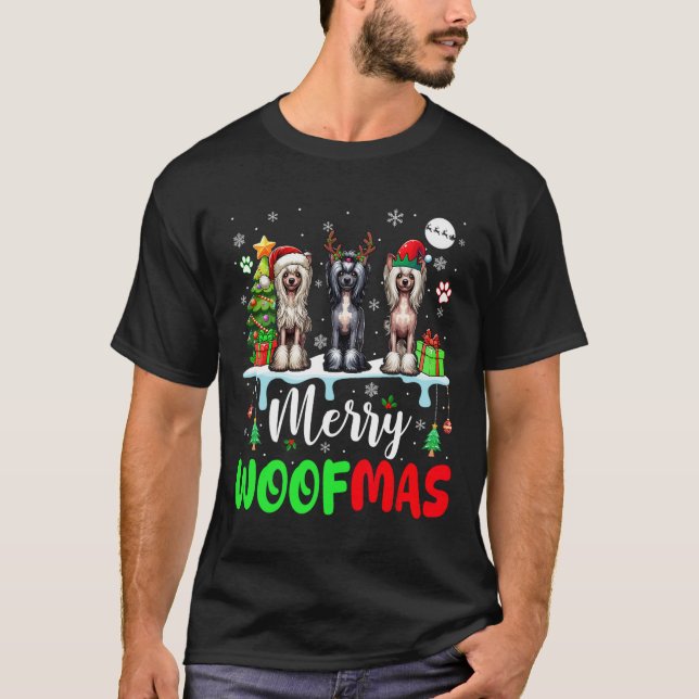 Merry Christmas Woof Three Santa Elf Chinese Crest T-Shirt (Front)