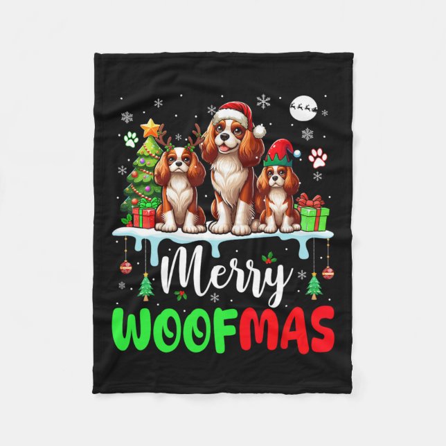 Merry Christmas Woof Three Santa Elf King Charles  Fleece Blanket (Front)