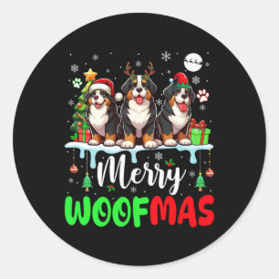 Merry Christmas Woof Three Santa Reindeer Bernese Classic Round Sticker