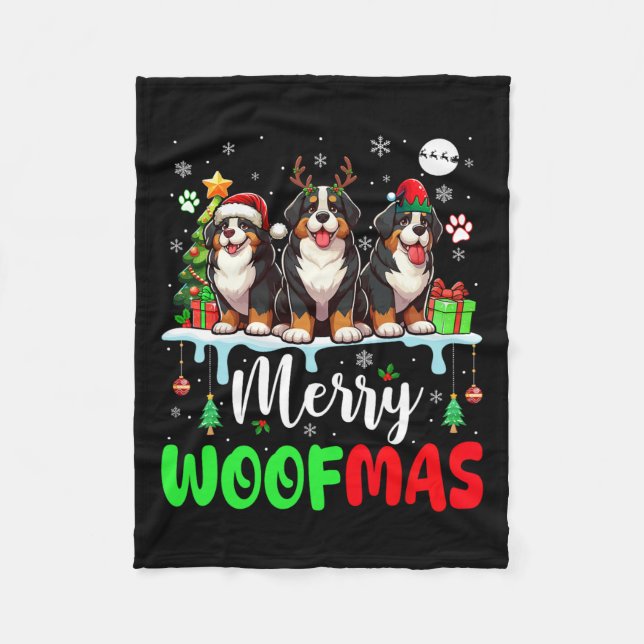 Merry Christmas Woof Three Santa Reindeer Bernese  Fleece Blanket (Front)