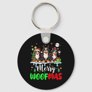Merry Christmas Woof Three Santa Reindeer Bernese  Key Ring