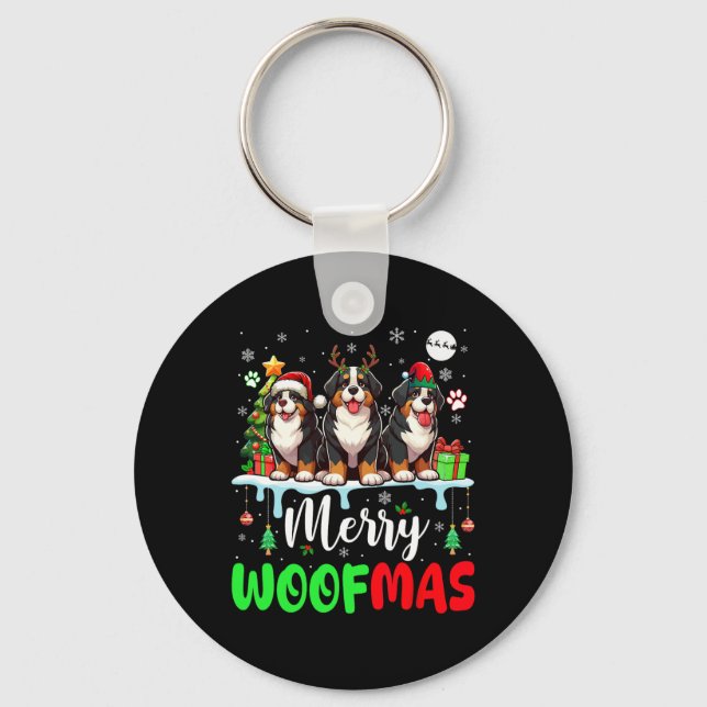 Merry Christmas Woof Three Santa Reindeer Bernese  Key Ring (Front)