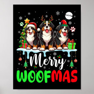 Merry Christmas Woof Three Santa Reindeer Bernese Poster