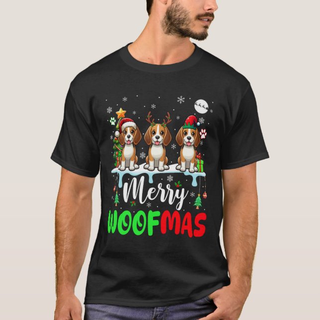 Merry Christmas Woof Three Santa Reindeer Elf Beag T-Shirt (Front)