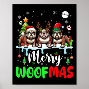 Merry Christmas Woof Three Santa Reindeer Elf Bull Poster