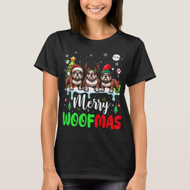 Merry Christmas Woof Three Santa Reindeer Elf Bull T-Shirt (Front)