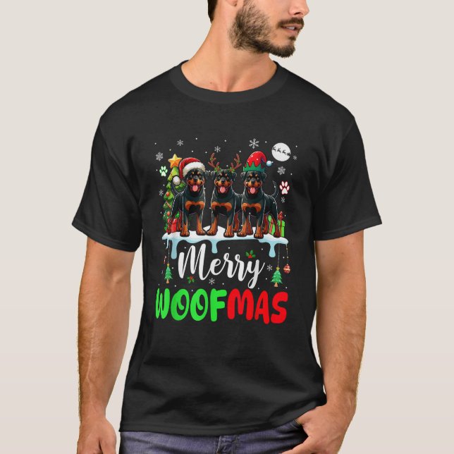 Merry Christmas Woof Three Santa Reindeer Elf Rott T-Shirt (Front)