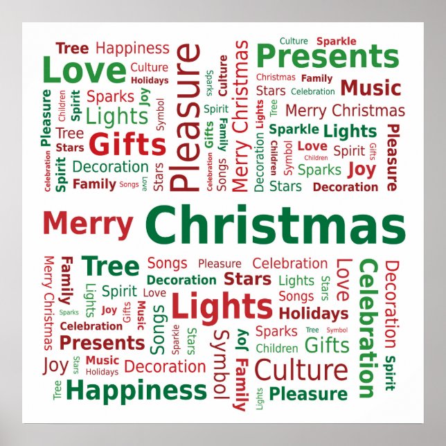 Merry Christmas Word Cloud in Green Red Colours Poster (Front)