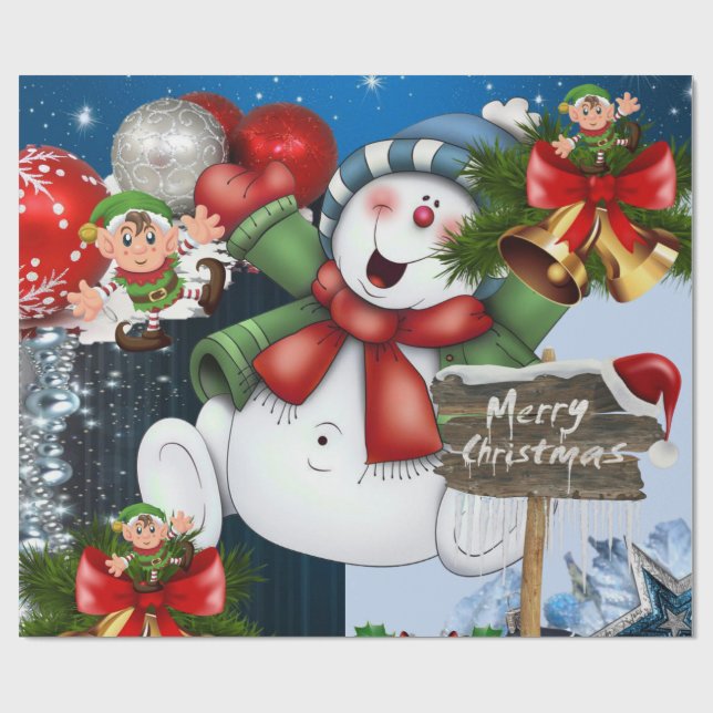 Merry Christmas Wrapping Paper Elf Snowman (Flat)