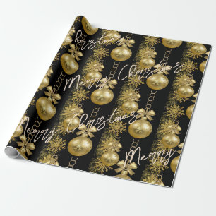 Merry Christmas Wrapping Paper Gold Balls Black