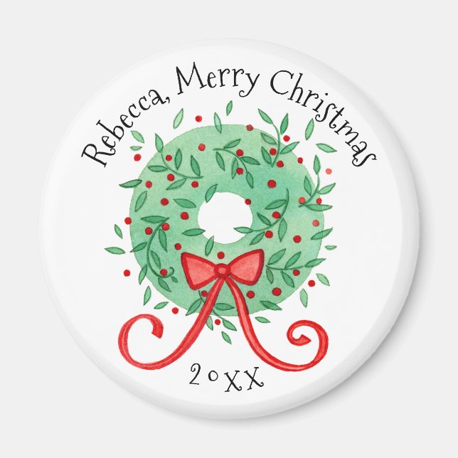 Merry Christmas Wreath Add Name and Year Magnet (Front)