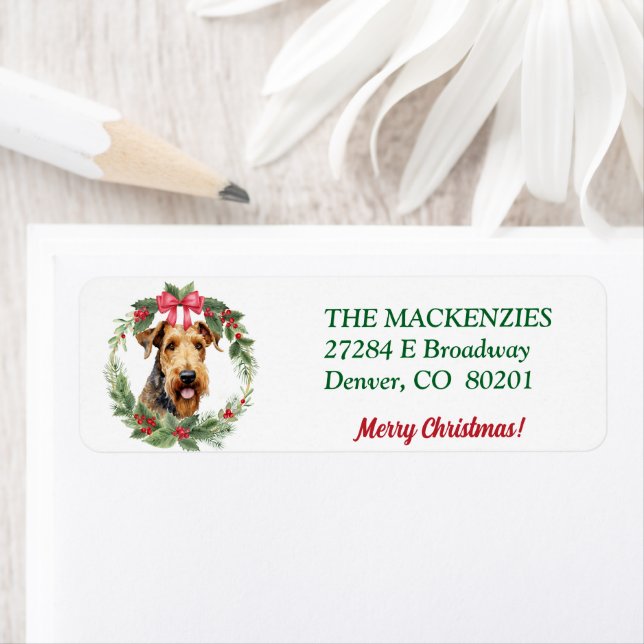 Merry Christmas Wreath Airedale Return Address Label (Insitu)