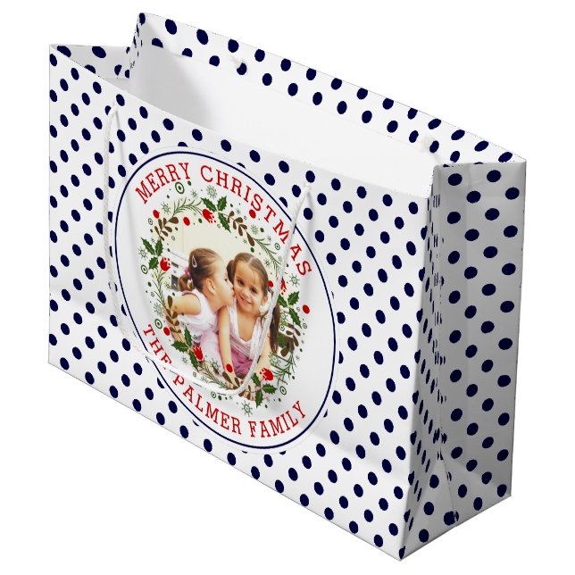 Merry Christmas wreath and navy blue dots photo Large Gift Bag (Front Angled)