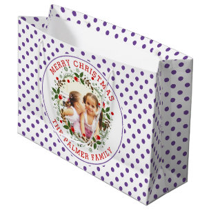 Merry Christmas wreath and purple polka dots photo Large Gift Bag