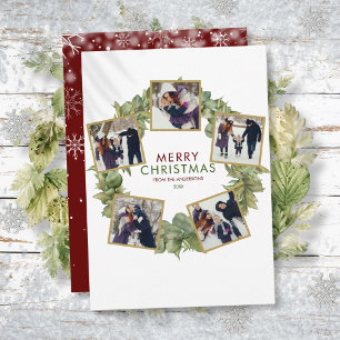 Merry Christmas Wreath Burgundy 5 Photo Holiday Card