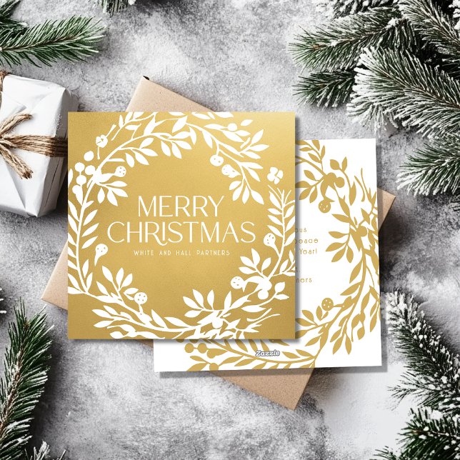 Merry Christmas Wreath Business Name Faux Gold Holiday Card (Creator Uploaded)