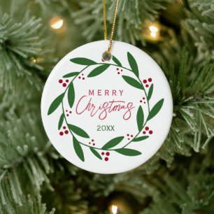 Merry Christmas Wreath Ceramic Ornament