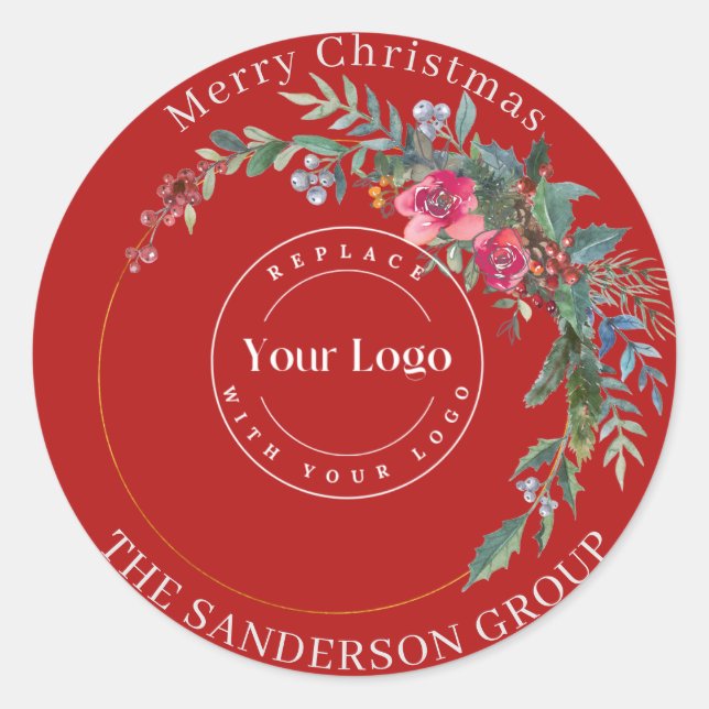 Merry Christmas Wreath Custom Logo Round Sticker (Front)