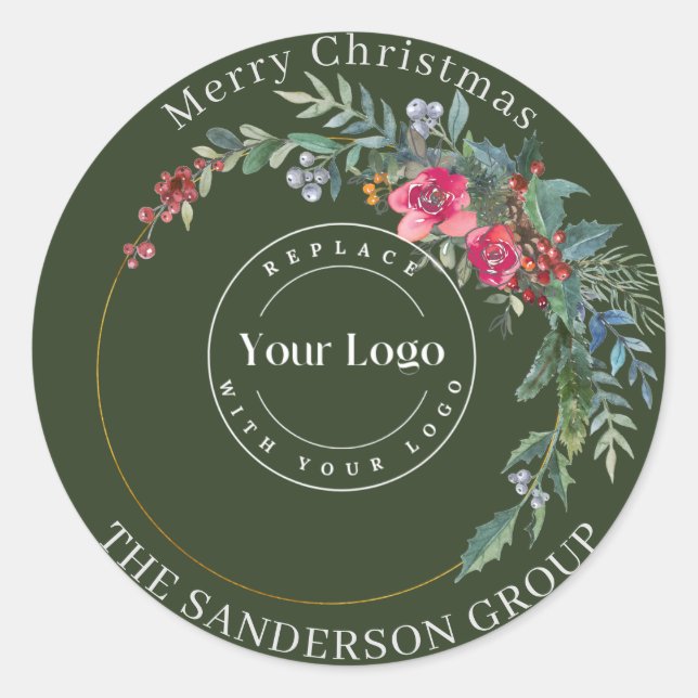 Merry Christmas Wreath Custom Logo Round Sticker (Front)