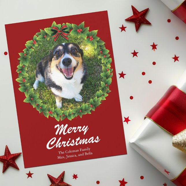 Merry Christmas Wreath Custom Pet Photo Holiday Card (Creator Uploaded)
