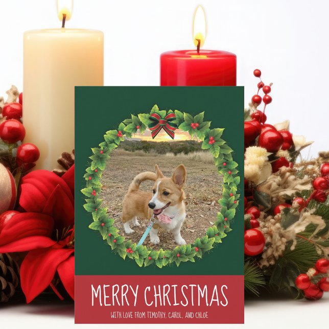 Merry Christmas Wreath Cute Custom Dog Photo Green Holiday Card (Creator Uploaded)